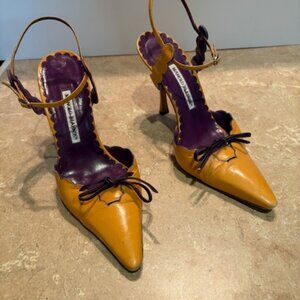 Manolo Blahnik yellow ochre slingbacks with purple bow